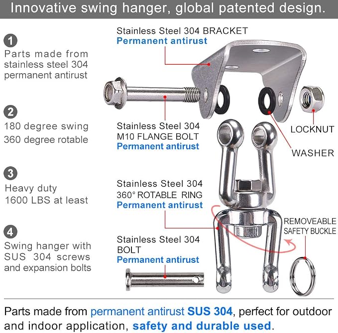 BeneLabel Stainless Steel Swing Hangers 360° Swivel Ceiling Mount for Swing 1000LB Capacity Hardware Bracket Hammock Hanging Kit for Yoga, Punching Bag, Sandbag, Hanging Chair