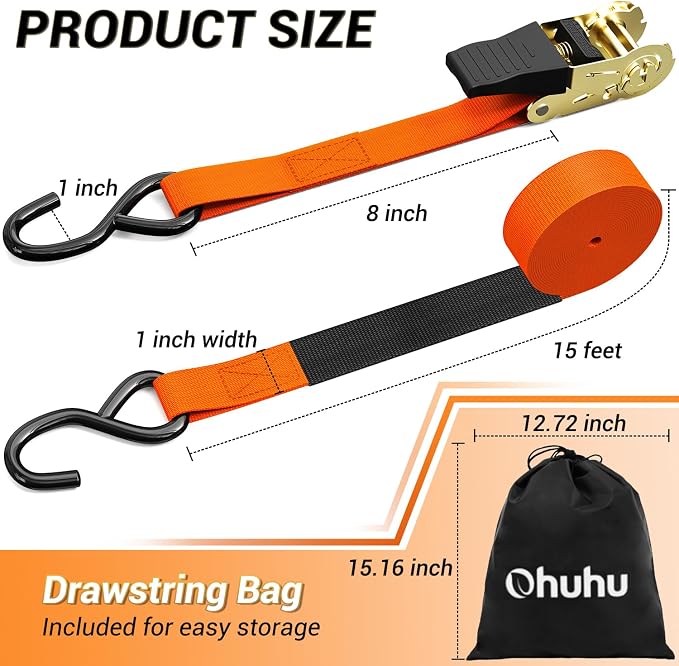 Ratchet Tie Down Strap 8-Pack 15 Ft - 500 lbs Load Cap with 1500 lbs Breaking Limit, Ohuhu Ratchet Tie Downs Logistic Cargo Straps for Moving Appliances, Motorcycle, Orange