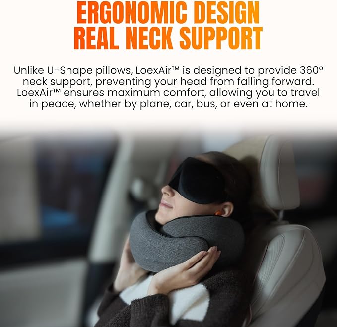 LOEXAIR™ Hooded Pro Travel Pillow - Memory Foam Neck Support Pillow for Airplane, Flight - Super-Soft Pure Cotton Fabric, Maximum Privacy & Light-Block Design, Lightweight Full Travel Kit - Dark Grey