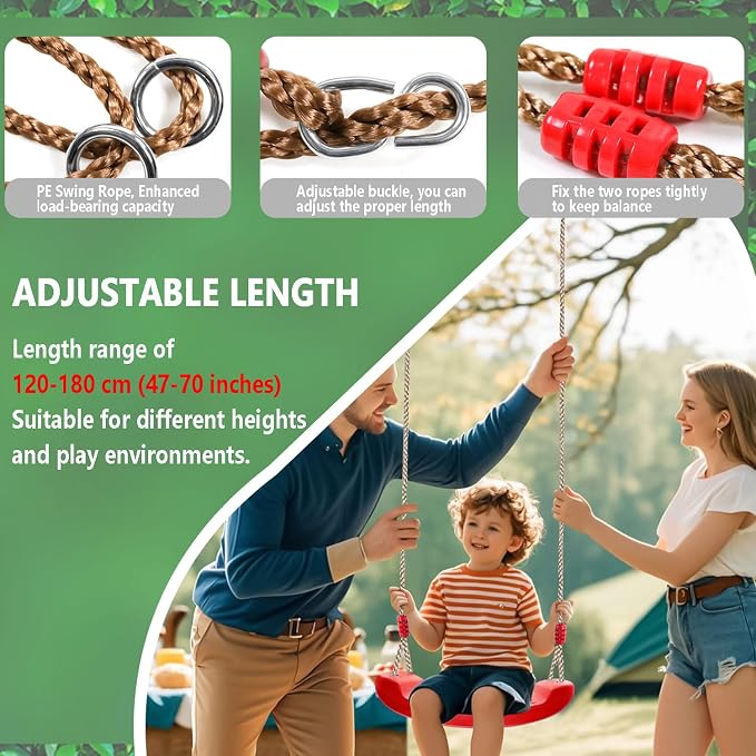 Plastic Swing Seat, Heavy Duty Tree Swing Set Non Slip Playground Swing Set Accessories Replacement with Adjustable Rope for Kids Outdoor Play Playground Backyard (Red)