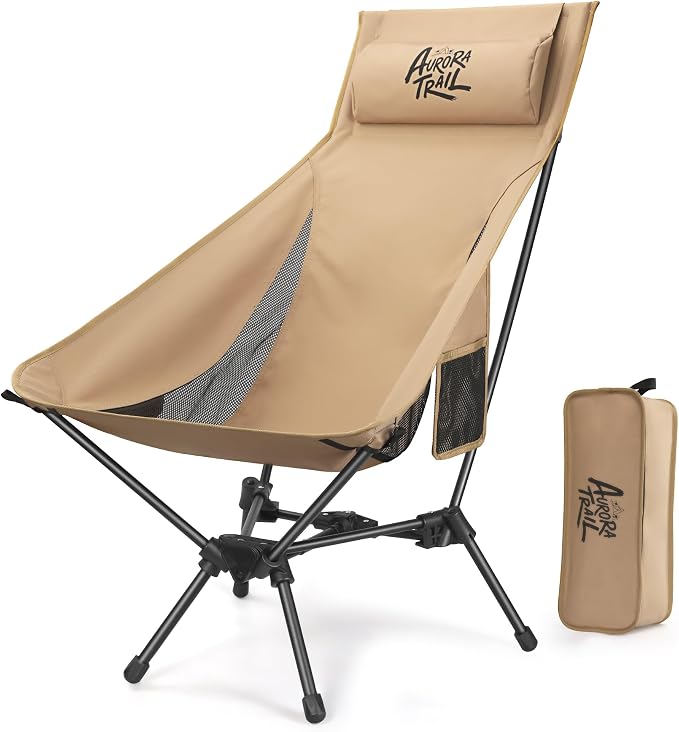 AuroraTrail High Back Folding Camping Chair with Pillow – Lightweight Portable Outdoor Chair with Cup Holder & Carry Bag, Sturdy Aluminum Frame Supports up to 374 lb for Camping, Hiking & Festivals