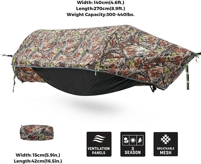 Camping Hammock Tent with Mosquito Net & RainFly, 3 in 1 Waterproof Portable Sleeping Hammock Bug Backpacker Lightweight Outdoor Gear Swing for Hiking Travel Patio Expedition(Camouflage)
