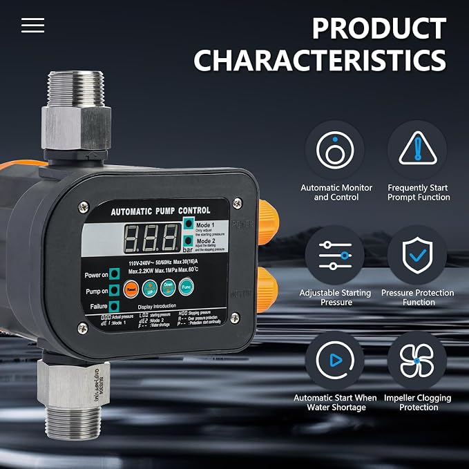 WiseWater Smart Pump Controller,110V-240V,1" NPT Adapters,Digital Display | 2 adjustable pressure modes, automatic smart control, fits residential, garden & industrial water supply