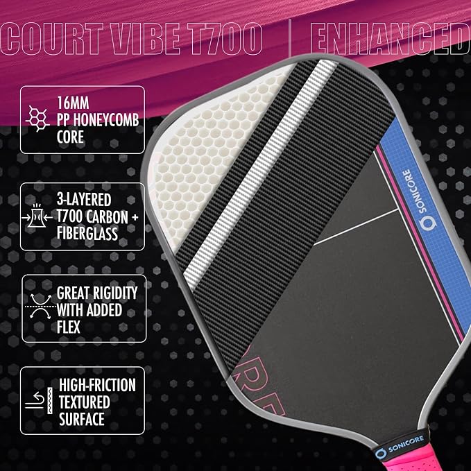 Pickleball Paddle Set, T700 Carbon Fiber, 16mm Core for Control & Spin, Includes 1 Paddle, Paddle Sleeve Cover, 2 Wristbands & 1 Grip Tape | Sonicore CourtVibe