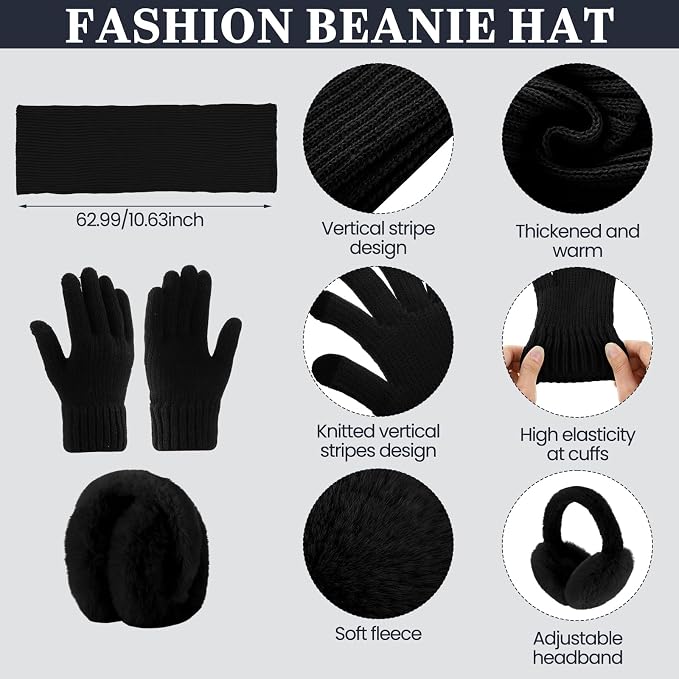 16 Pcs Women Hat Scarf Gloves Ear Muffs Set Winter Knitted Pom Beanie Hats Scarf Touch Screen Gloves for Men Adult Homeless
