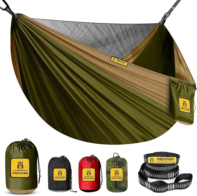 Camping Hammock with Mosquito Net, 600 lbs Portable Hammock with Tree Straps, 2-in-1 Double/Single Travel Hammock Tent for Outside/Indoor/Backpacking/Beach - Green & Khaki