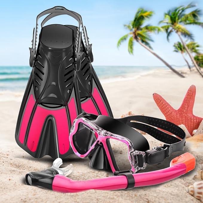 Snorkeling Gear for Kids, 4 in 1 Child Mask Fins Snorkel Set with Panoramic View Anti Fog Mask, Dry Top Snorkel, Trek Fins and Travel Bag, Kids Snorkeling Set with Fins for Snorkeling Swimming
