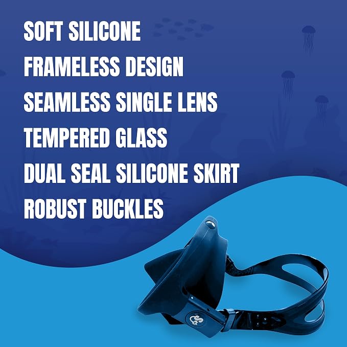 Spartacus Frameless Dive Mask, Ultra-Clear Low-Iron Glass, Wide View, Low Volume, 100% Silicone Skirt