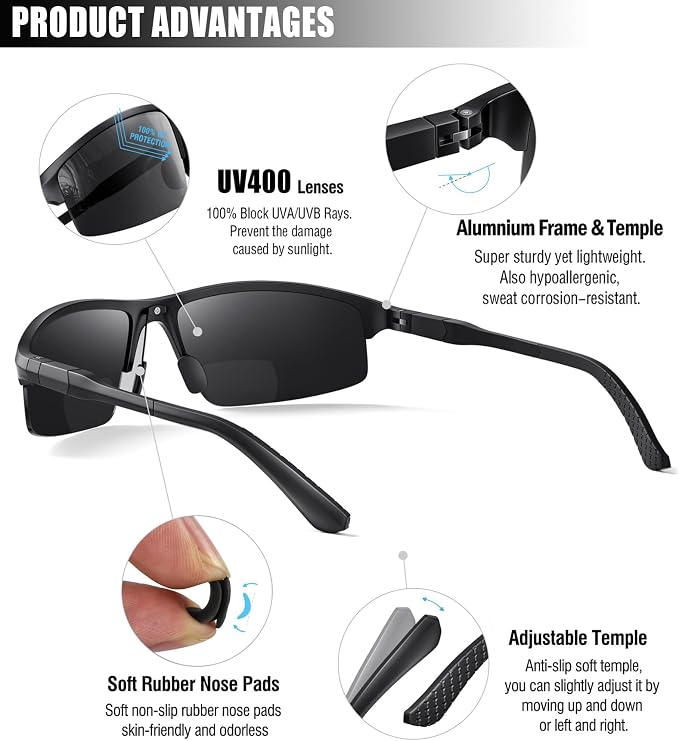 SKYOAK Sports Bifocal Reading Sunglasses Men Wrap Around UV 400 Protection Aluminum Frame Glasses Spring Hinge Semi Rimless Sun Readers Built In Driving/Running/Fishing Black, 2.5