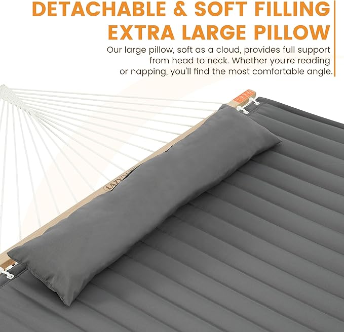 Lazy Daze Hammocks 10.5FT 2 Person Double Quilted Fabric Hammock with Spreader Bar, Detachable Pillow, Side Pocket, Carabiners, Chains, Straps for Outdoor, 450lbs Capacity, Grey