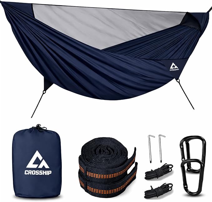 Camping Hammock with Mosquito Net, 2 Person Hammock Bug Net, Portable, Parachute Nylon for Outdoor, Camping, Hiking, Backpacking, Backyard, Beach, Travel (Hold Up to 500lbs) (Midnight Blue)