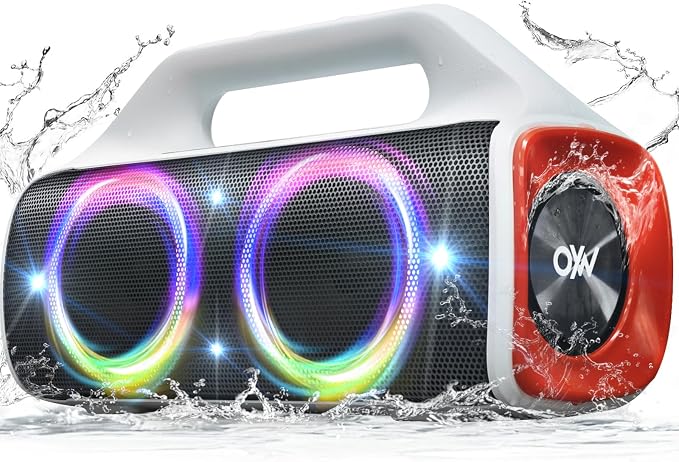 IP67 Waterproof Bluetooth Speaker:80W(Peak) Loud Outdoor Portable Wireless Party Speakers with LED Lights,20H Playtime,Bluetooth 5.3,Deep Bass & TWS for Pool,Beach（White）