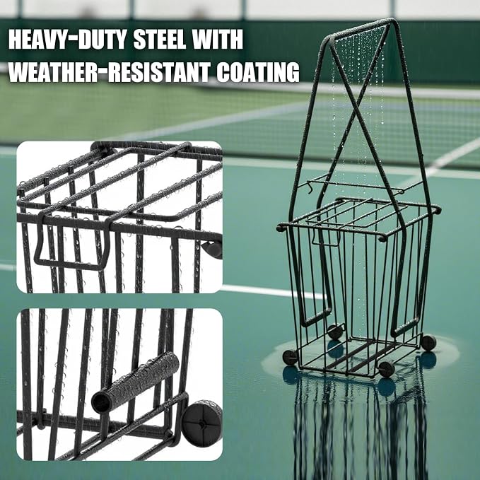 Tennis & Pickleball Hopper with Wheels – Ball Pick Up Basket, Pickleball Ball Retriever Ball Holder Storage Holds 75 Tennis Balls & 50 Pickleballs