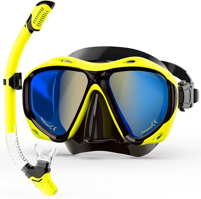 Snorkeling Gear for Adults, Snorkel Mask With Mirrored Tempered Glass Lens 180° Wide View Anti-Fog Scuba Diving Mask, Professional Snorkel Set for Swimming Diving, Gifts for Women Mom Men Dad