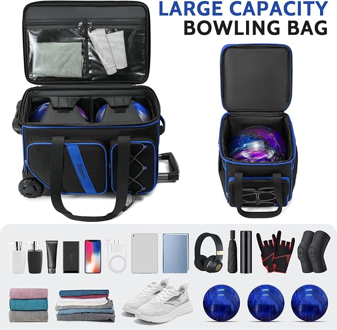 BOSSTIN 3 Ball Bowling Bag with Wheels, 2 Ball Bowling Bags Double roller with 1 Ball Add On Bag, Multi-Pockets & Shoe Compartment (Fits Up to Size 15)