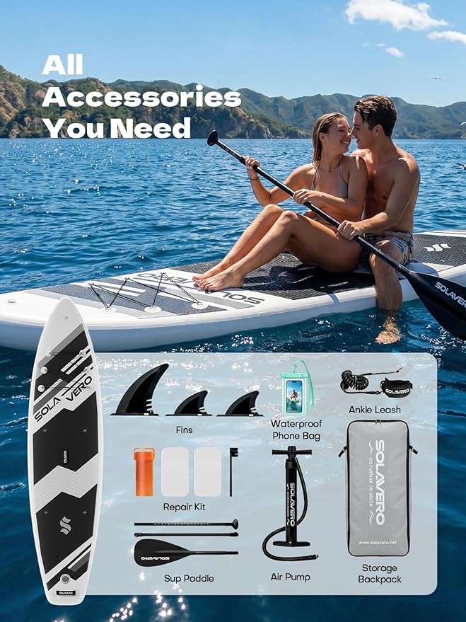 SOLAVERO Stand Up Paddle Board, 11‘ Inflatable SUP Supports 500LB - Wide Stable Board with Non-Slip EVA Deck for Adults & Youth of All Skill Levels