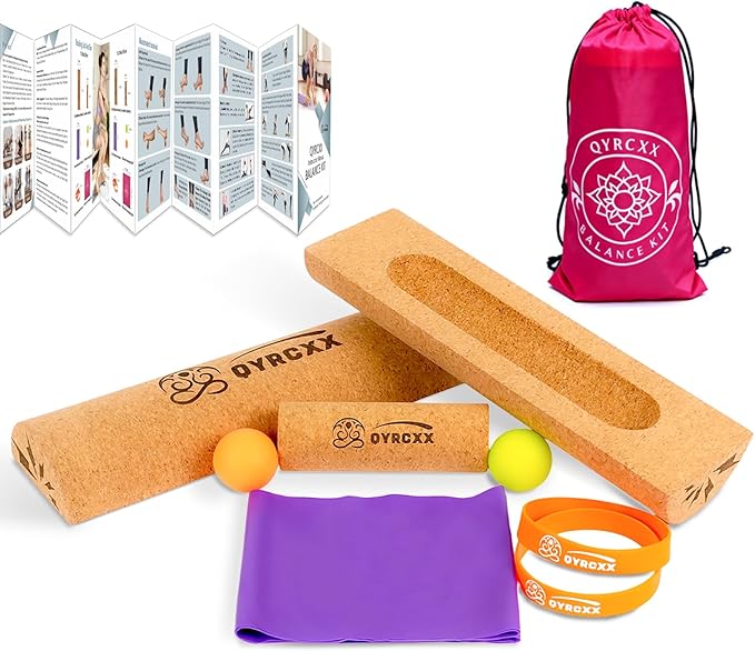 Foot & Ankle Strengthener Kit Cork 4-in-1 Balance Board with Accessories | Foot strength trainer kit, improves balance, ankle stability training, mobility exercise tool, toe resistance bands included