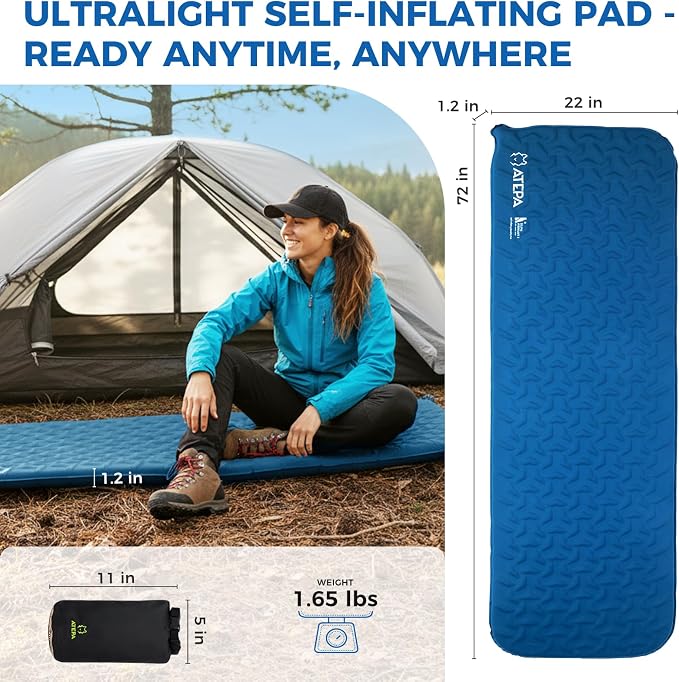 ATEPA Ultralight Self Inflating Sleeping Pad for Backpacking, 1.65lbs Compact 3-Season Camping Mat with R-Value 2.3, 1.2" Thick Insulated Foam Pad for Hiking, Trekking & Mountaineering - Blue