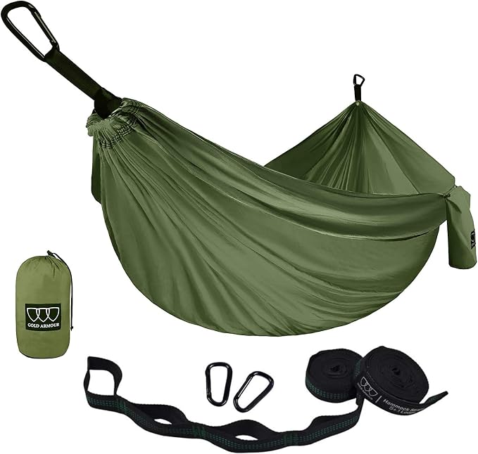 Gold Armour Camping Hammock - Portable Hammock Single Hammock Camping Accessories Gear for Outdoor Indoor Adult Kids, USA Based Brand (OD Green)