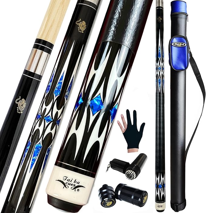 Tai ba cues 2-Piece Pool cue Stick + Hard Case, 13mm Tip, 58", Hardwood Canadian Maple Professional Billiard Pool Cue Stick 18,19,20,21,22 Oz Pool Stick (Selectable)-Blue, Black, Red, Gray, Green