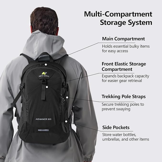 N NEVO RHINO 20L Hiking Internal Frame Backpack for Men Women, Small Travel Backpack Waterproof Backpack with Rain Cover