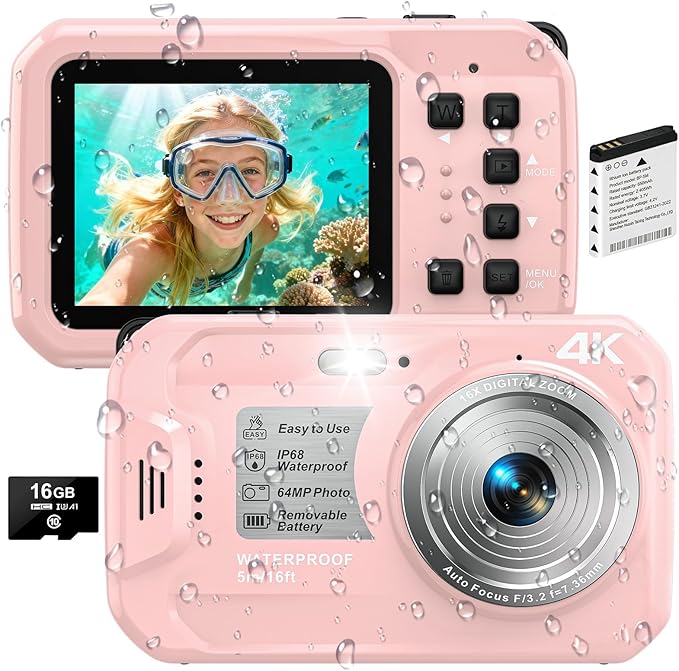 4K Underwater Camera, 64MP 16FT Waterproof Digital Camera with 16GB Card, Autofocus Floatable Waterproof Camera with IPS HD Screen, 16X Digital Zoom, Fill Light, for Snorkeling, Surfing, Swimming