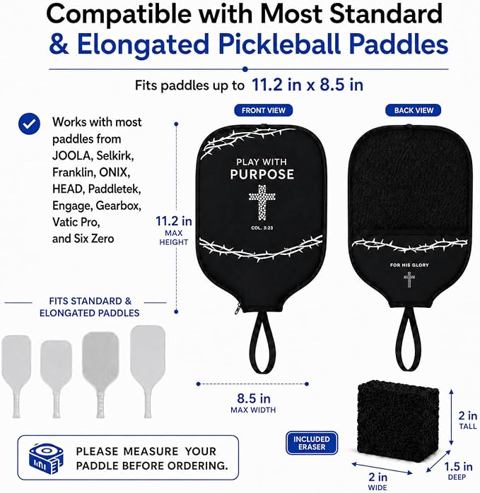 Faith-Based Pickleball Paddle Cover with Mesh Pocket & Hook Loop + Pickleball Paddle Cleaning Eraser – Fits Standard & Elongated Paddles