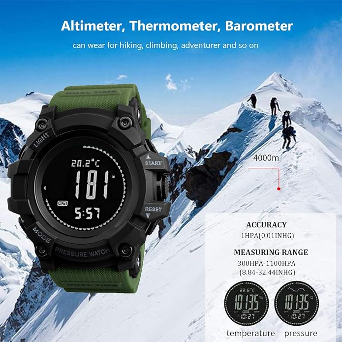 Watch Compass, Altimeter Barometer Thermometer Temperature, Pedometer, Military Army Waterproof Outdoors Sport Digital Watch for Men