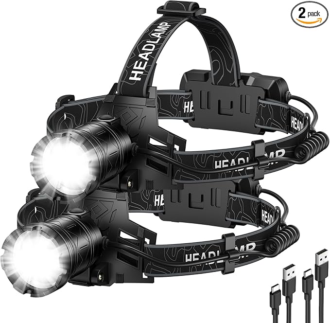 Kmivo 2-Pack Rechargeable LED Headlamps - 99,000 High Lumens Super Bright Head Light with 3 Modes, 90° Adjustable Tilt, IPX6 Waterproof for Camping, Hiking, Running & Outdoors