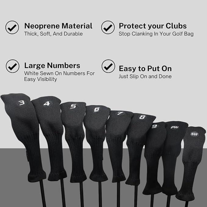 Majek All Hybrid Golf Club Black Sleek Tight Fit Headcover Set 3-SW Acrylic Head Covers 3 4 5 6 7 8 9 PW SW (Total of 9 Hybrid Head cover Set)