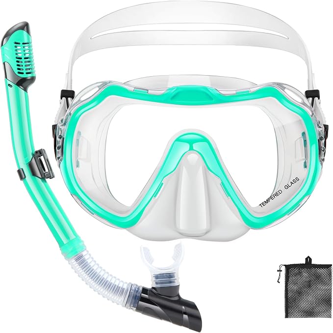 Snorkeling Gear for Adults, Adult Snorkel Set with Panoramic Anti-Leak and Anti-Fog Tempered Glass Snorkel Mask, Dry Top Snorkel, Snorkle Mask Set Adult with Mesh Bag Ear Plug for Snorkeling