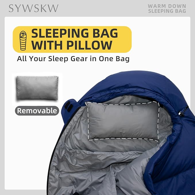 Down Sleeping Bag with Pillow for Backpacking,15℉ 5℉ 0℉ Wide Down Sleeping Bag (86.6 in x 33.5 in) for Adults,Youth Camping and Hiking Outdoor with 680FP Duck Down