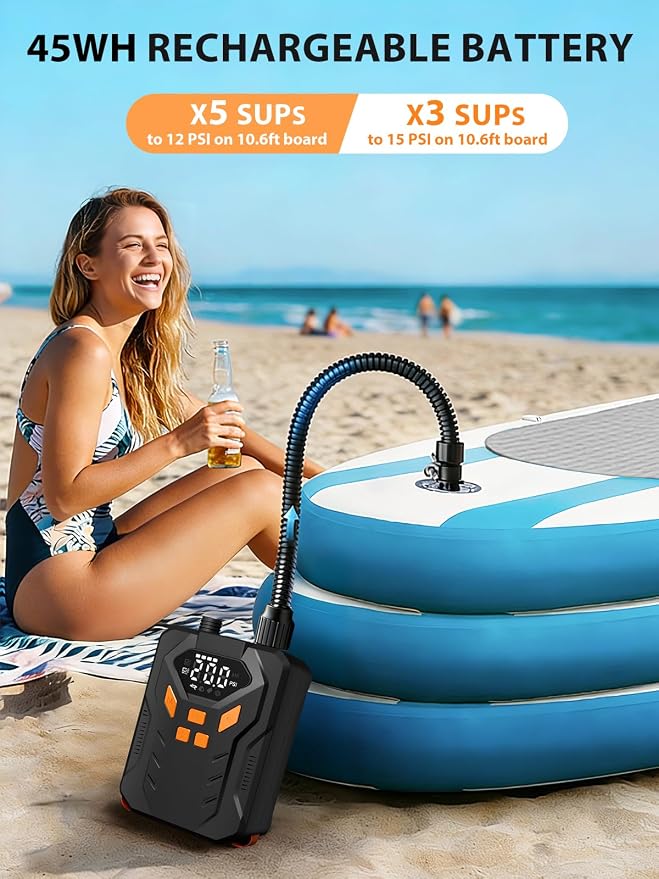 Electric Paddle Board Pump, 20PSI Portable Rechargeable SUP Air Pump, Dual Stage Inflation & Deflation, Auto-Off Air Compressor for Stand Up Paddle Boards, Surfing Kite, Tent, Boat, Kayaks