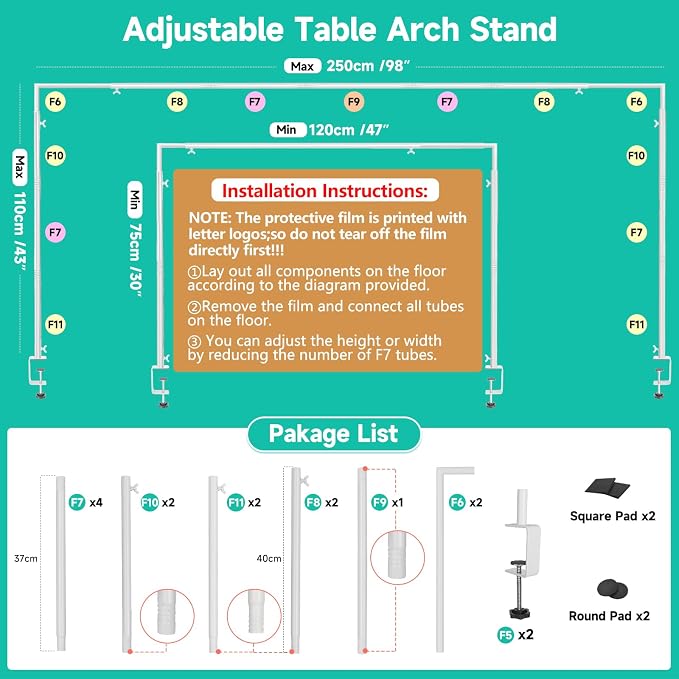 Over The Table Rod Stand with Clamps Adjustable 30"-43" Tall 47"-98" Length White Table Arch Hanging for Wedding Birthday Party Halloween Christmas