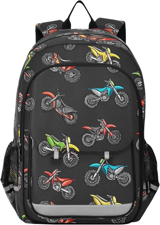 Fisyme Motocross Dirt Bike Black School Backpack Laptop Backpacks Bags Bookbag Travel Casual Computer Notebooks Daypacks