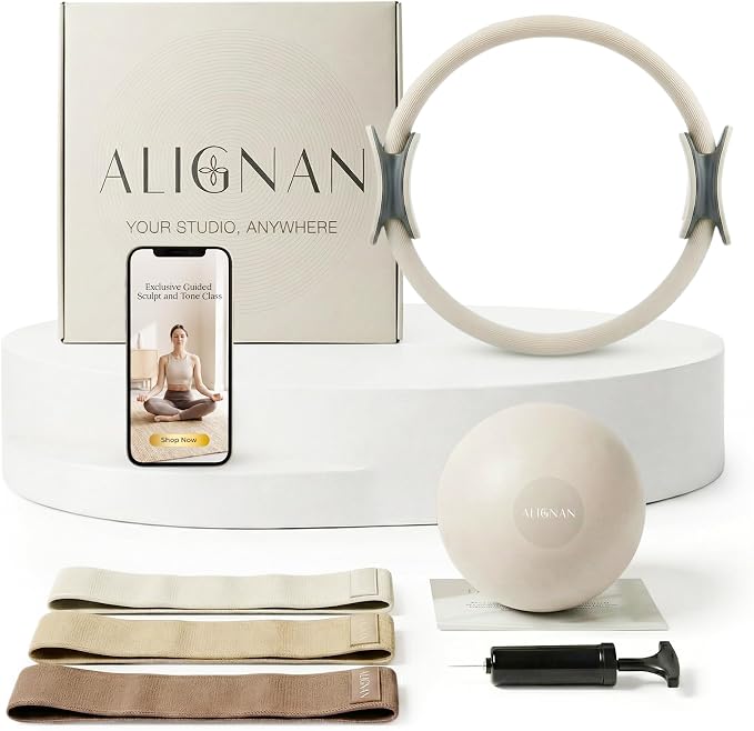 Pilates Kit for Home Workouts with 14” Pilates Ring Pilates 8” Mini Ball with and 3 Booty Bands Set, Pilates Essentials Kit for Women with Guided Workout Video, Home Pilates Equipment.(Beige)