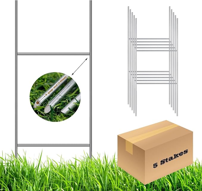 5 Pack H Frame Wire Stakes 30 x10 inch 9 Gauge Galvanized Wire -Yard Sign Stakes Fit for 4mm, 5mm Corrugated Signs, Heavy Duty Metal Step Stakes