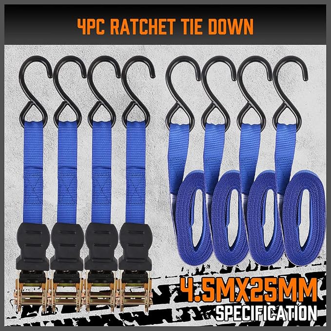 HORUSDY Ratchet Straps, 2,200 LB Break Strength, 4-Pack 15FT Ratchet Tie Down Straps Set for Motorcycle Straps Tie Downs, Appliances, Lawn Equipment, Cargo Straps for Trucks. (Blue)