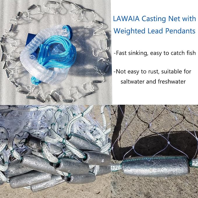 Lawaia Cast Net with Lead Sinkers Fishing Throw Nets Hand Castnet Shrimp Bait Traps 1/2 inch Mesh for Freshwater Saltwater with 3ft/4ft/5ft/ 6ft/ 7ft/ 8ft/ 9ft/ 10ft/ 11ft/ 12ft Radius