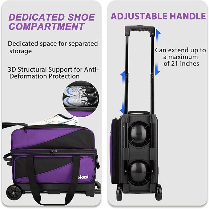Goloni 3 Ball Bowling Bag with Wheels, 2+1 Double Roller Bowling Bag with Shoe Compartment,Tote Bag for Bowling Accessories