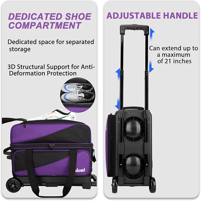 Goloni 3 Ball Bowling Bag with Wheels, 2+1 Double Roller Bowling Bag with Shoe Compartment,Tote Bag for Bowling Accessories