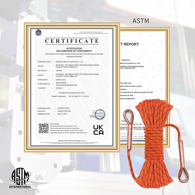 NewDoar 14KN Static Climbing Rope 8mm(5/16in) Accessory Cord Equipment 33FT(10M) 66FT(20M) 98FT(30M) 165FT(50M) Escape Rope with 2 Carabiners for Ice Climbing Equipment Fire Rescue Rope-Orange/20M