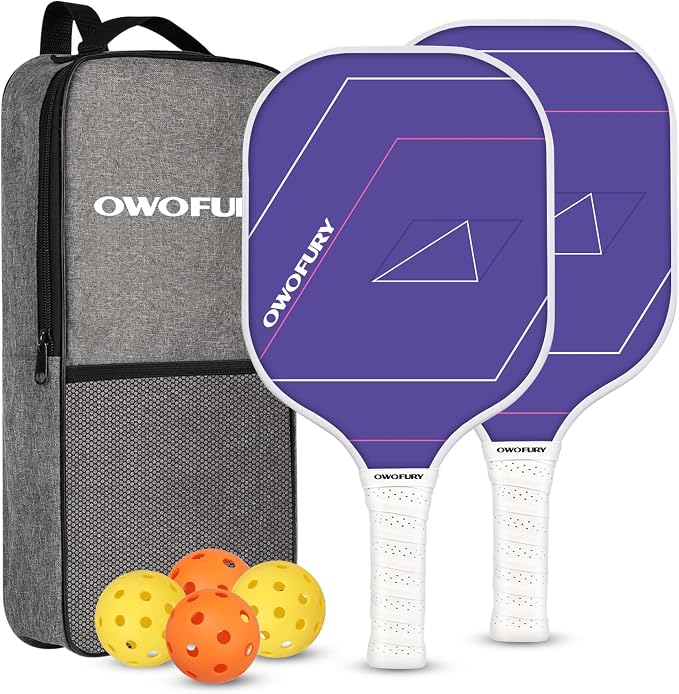 Fiberglass Pickleball Paddles Set of 2, Pickle Ball Racket Lightweight Honeycomb Core Control Paddle, with 4 Indoor Outdoor Balls and Bag for Men Women