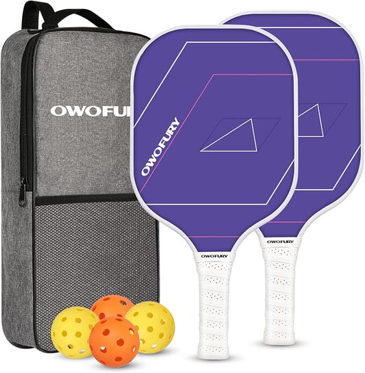 Fiberglass Pickleball Paddles Set of 2, Pickle Ball Racket Lightweight Honeycomb Core Control Paddle, with 4 Indoor Outdoor Balls and Bag for Men Women
