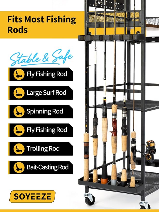 SOYEEZE Fishing Rod Holders for Garage, Fishing Pole Holders Up to 12 Rods with Pegboard and Hooks,Rolling Fishing Cart with Wheels, Fishing Gear Storage For Tackle Box & Reel Organization