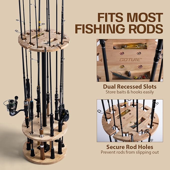 Goture Round Fishing Rod Holders for Garage, Floor Stand Holds up to 10 Rods, 2 Built-in Grooves, Solid Rubber Wood Fishing Gear Equipment Storage Organizer, Ideal Fishing Gift for Men Women