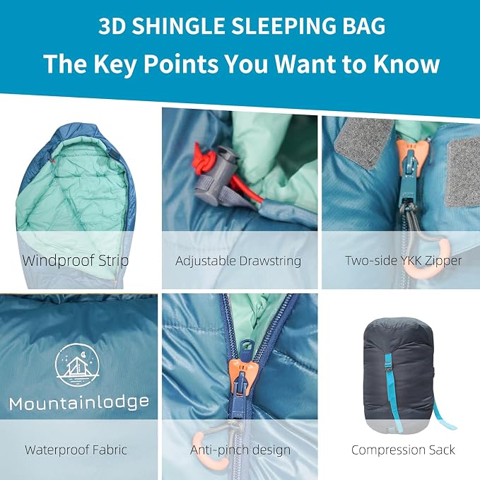 Mountainlodge 3-4 Seasons Cyan Two-Layer Shingle Sleeping Bag with Inner Pocket for Adult,Perfect for Backpacking,Traveling and Hiking,Including Free Compression Stuff Sack