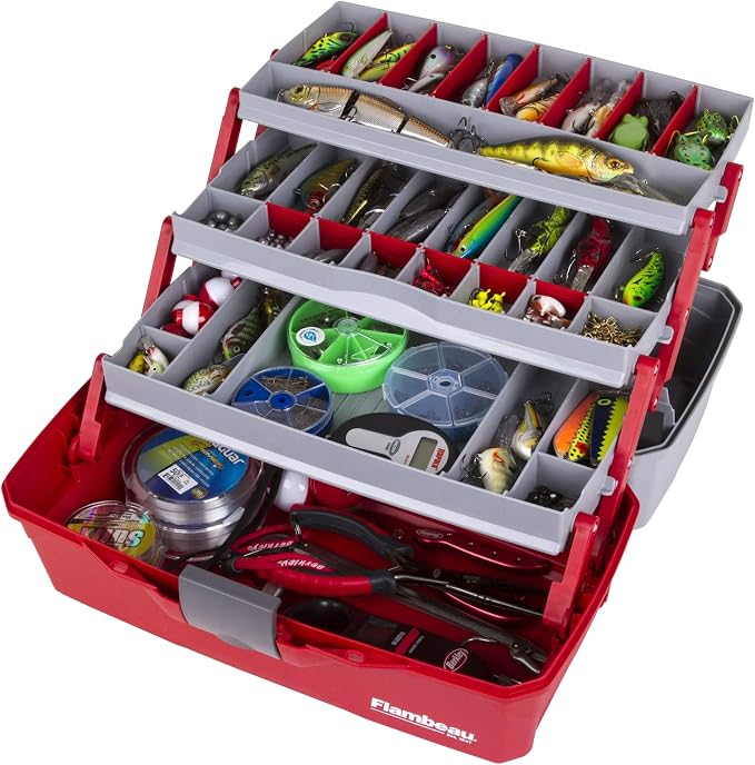 Flambeau Outdoors 6383 3-Tray Tackle Box, 32 Compartments, Red and Gray | Iconic cantilever 3-tray box, 32 compartments with 13 removable dividers, Draw Tite latch, Tip-Guard supports