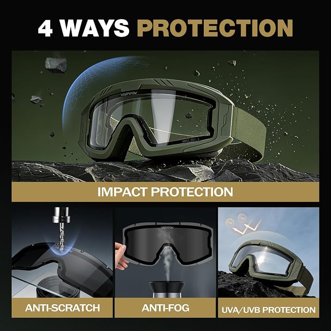 Airsoft Goggles OTG, ANSI Z87.1+ Anti-Fog Tactical Safety Goggles, Impact-Resistant Dust-Proof Eye Protection