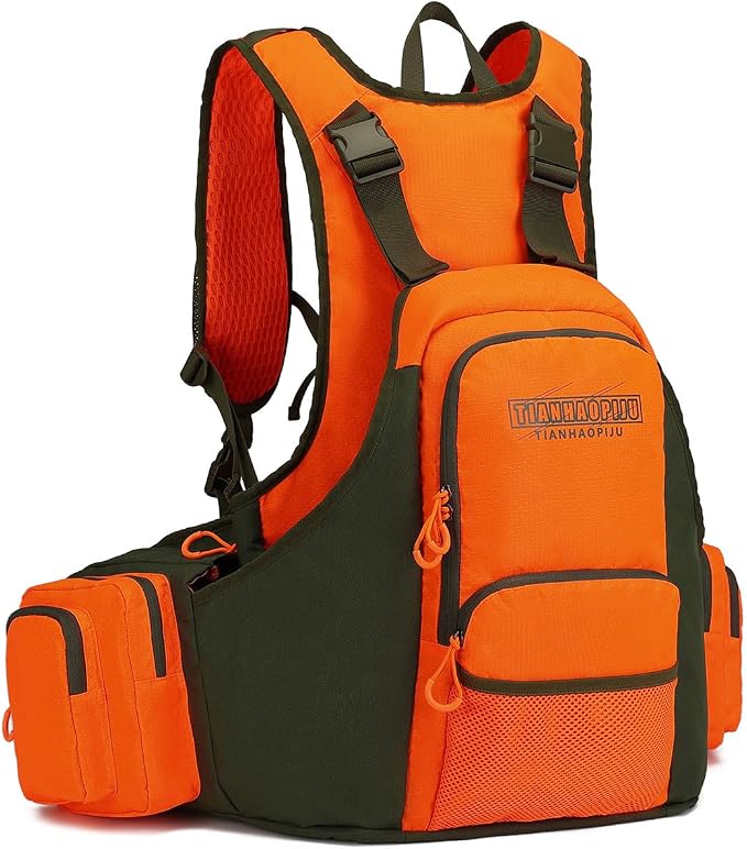 Upland Bird Hunting Vest Backpack, Waterproof Blaze Orange with Hydration Bladder, Built-in Compass & Whistle, Dog Gear Pockets, for Dove Pheasant Quail Breathable Tactical Hunting Vest